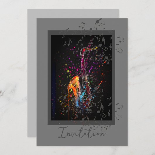 Invitation Notes Saxophones Splash Et Musique (Devant / Derrière)