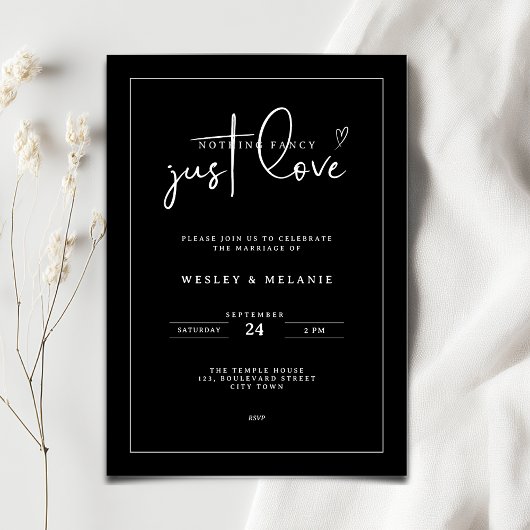 Invitation Nothing Fancy Just Love Black Minimalist Wedding