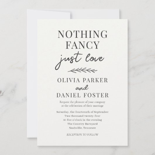Invitation Nothing Fancy Just Love Minimalist Simple Wedding (Devant)