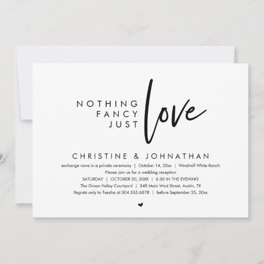 Invitation Nothing Fancy, Just Love, Modern Wedding Reception (Devant)