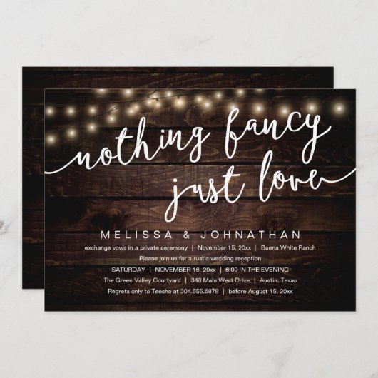 Invitation Nothing Fancy, Just Love, Rustic Wedding Reception (Devant / Derrière)