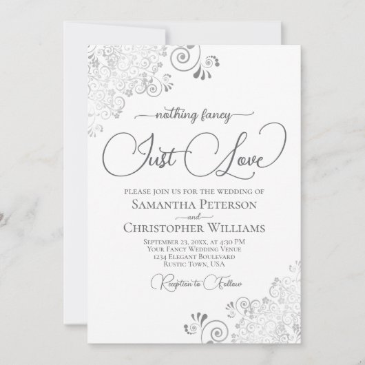 Invitation Nothing Fancy Just Love Silver & White Wedding (Devant)