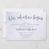 Invitation Notre aventure commence mariage typographique bleu (Devant)