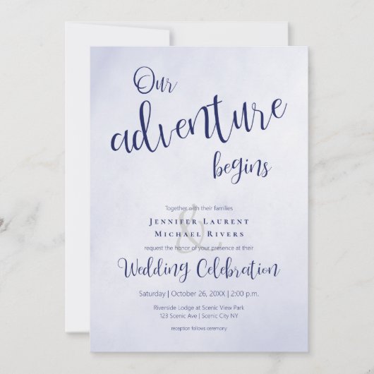 Invitation Notre aventure commence mariage typographique bleu (Devant)