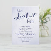 Invitation Notre aventure commence mariage typographique bleu (Debout devant)