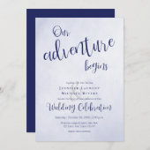 Invitation Notre aventure commence mariage typographique bleu (Devant / Derrière)