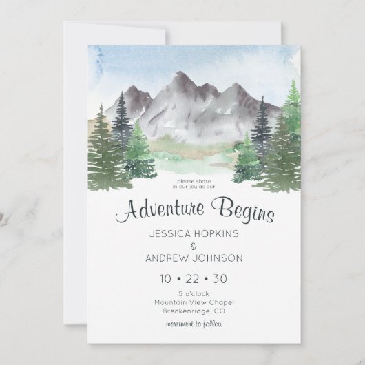 Invitation Notre aventure commence Mountain Watercolor Mariag (Devant)