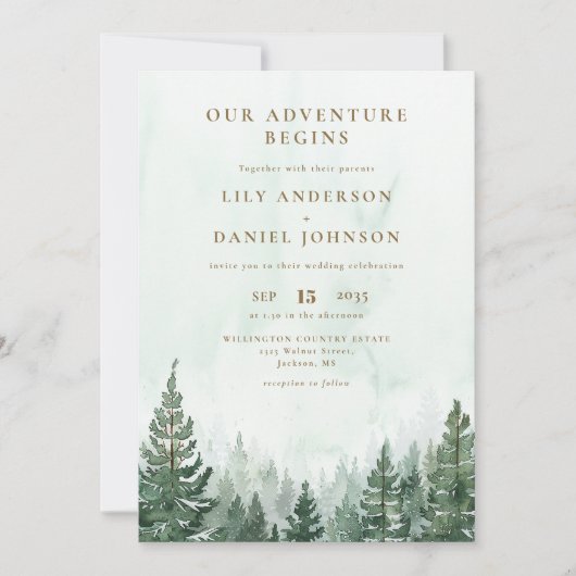 Invitation Notre Aventure Forêt de Pins Rustique Code QR Mari (Devant)