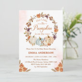 Invitation Notre Baby shower Orange Floral Or Petit Citrouill (Debout devant)