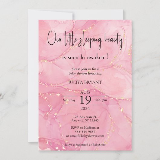 Invitation Notre baby shower rose beauté dormant (Devant)