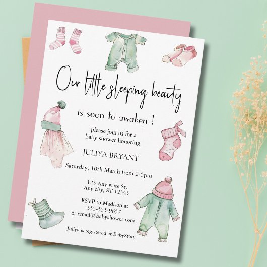Invitation Notre baby shower rose beauté dormant
