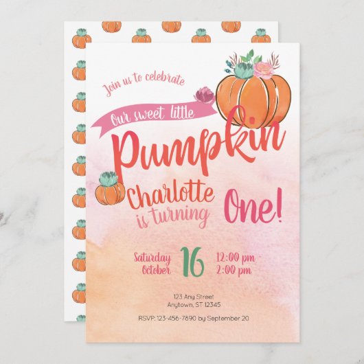 Invitation Notre doux petit Citrouille premier anniversaire I (Devant / Derrière)