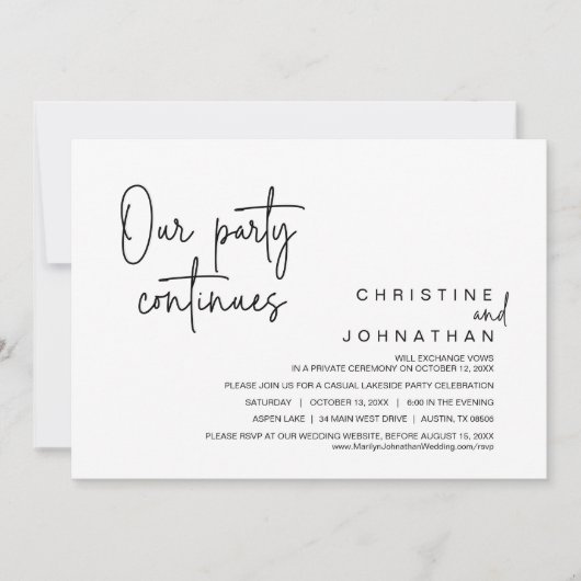 Invitation Notre Fête Continue, Dîner Mariage Elopement (Devant)