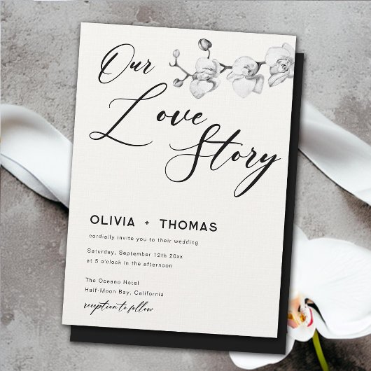 Invitation Notre histoire d'amour moderne Black White Orchids