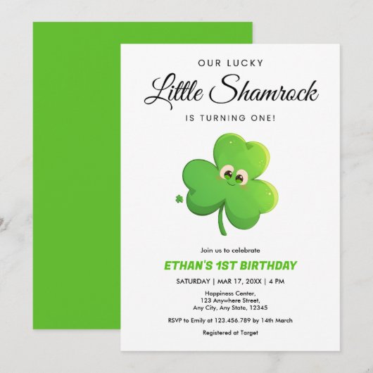Invitation Notre Lucky Little Shamrock 1er anniversaire (Devant / Derrière)