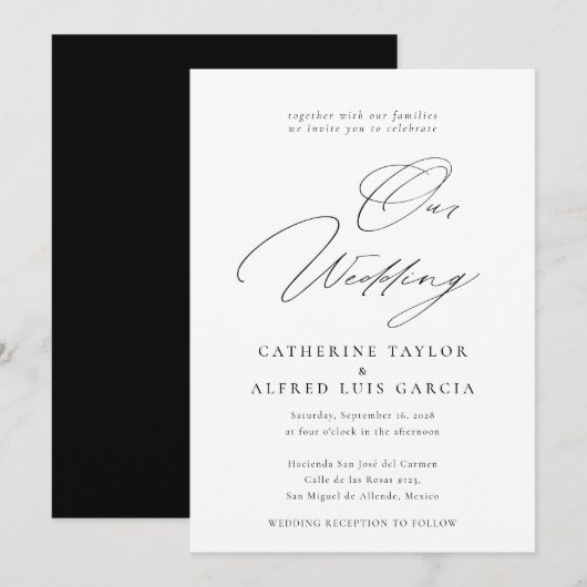 Invitation Notre Mariage Élégante Calligraphie Mariage noir (Devant / Derrière)
