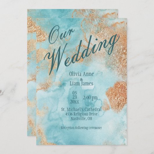 Invitation Notre Mariage Gold Turquoise Abstrait Mariage (Devant / Derrière)
