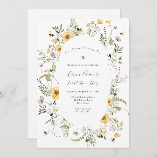 Invitation Notre Miel Abeille Jaune Fleur-Fleur Anniversaire (Devant / Derrière)