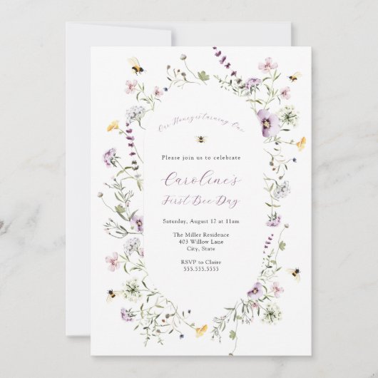 Invitation Notre Miel Abeille Violet Fleur sauvage Anniversai (Devant)