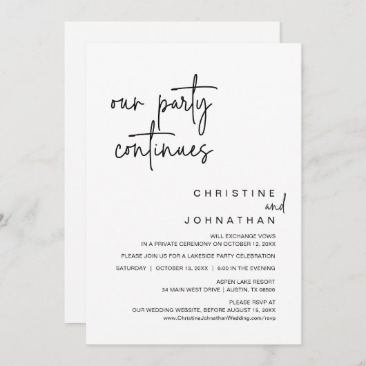 Invitation Notre Parti Continue, Dîner Mariage Elopement Invi (Devant / Derrière)