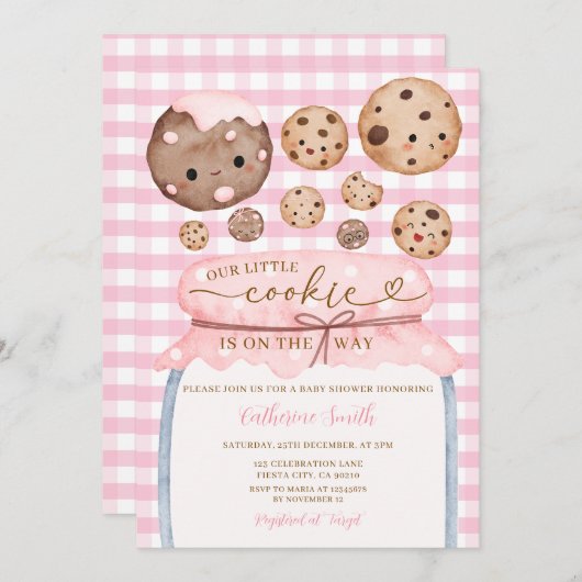 Invitation Notre Petit Baby shower Cookie En Jar Rose En vich (Devant / Derrière)
