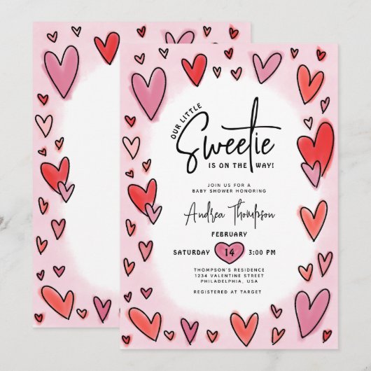 Invitation Notre petit Baby shower de Coeurs Saint Valentin (Devant / Derrière)