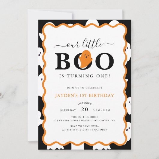 Invitation Notre petit Boo Black Ghost Halloween 1er Annivers (Devant)
