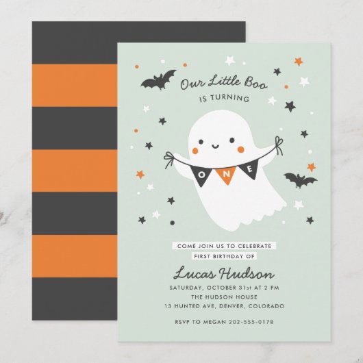 Invitation Notre Petit Boo Cute Kids Halloween Premier Annive (Devant / Derrière)