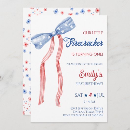 Invitation Notre Petit Bow Firecracker Anniversaire (Devant / Derrière)