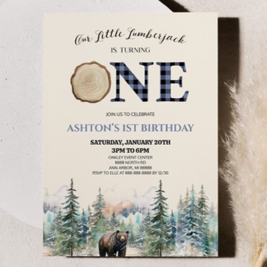 Invitation Notre petit bûcheron Ours Bleu 1er anniversaire fê
