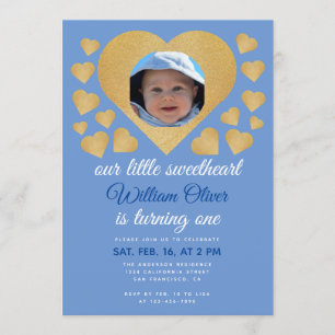 Invitation Notre petit chéri Boy Blue cœur d'or anniversaire