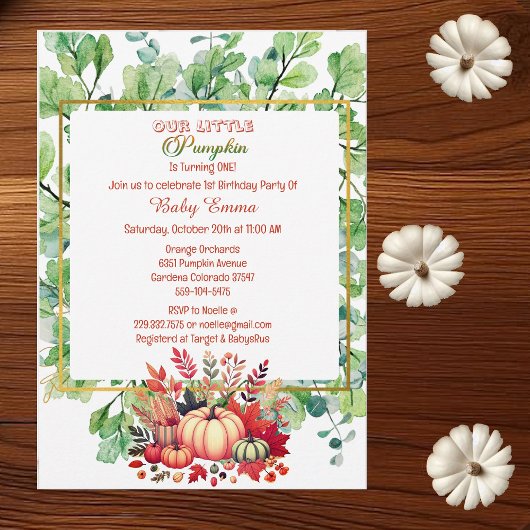 Invitation Notre petit Citrouille 1er anniversaire Green Fall