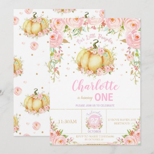 Invitation Notre petit Citrouille 1er premier anniversaire fi (Devant / Derrière)