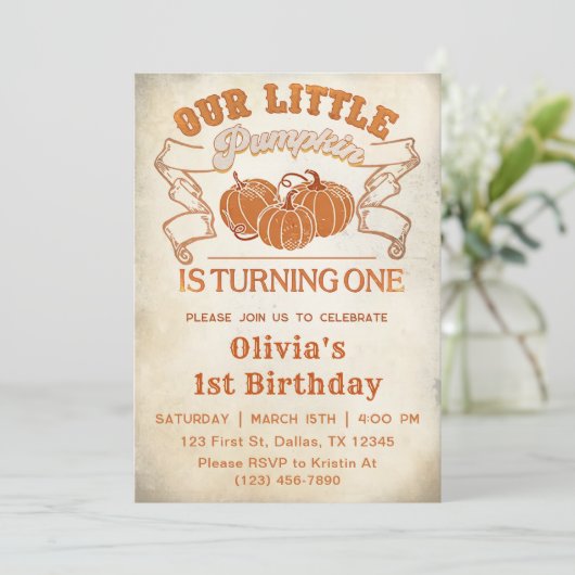 Invitation Notre Petit Citrouille a un An (Debout devant)