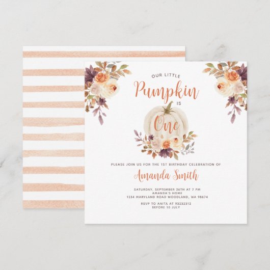 Invitation Notre Petit Citrouille a un Anniversaire Fleur Rus (Devant / Derrière)