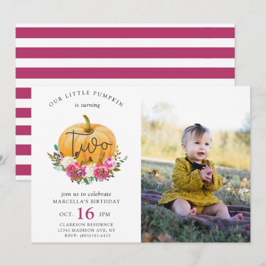 Invitation Notre Petit Citrouille Automne Floral 2e Anniversa (Devant / Derrière)