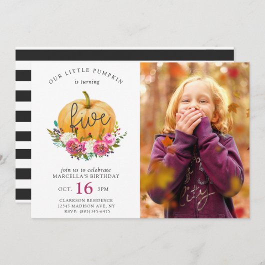 Invitation Notre Petit Citrouille Automne Floral 5e Anniversa (Devant / Derrière)