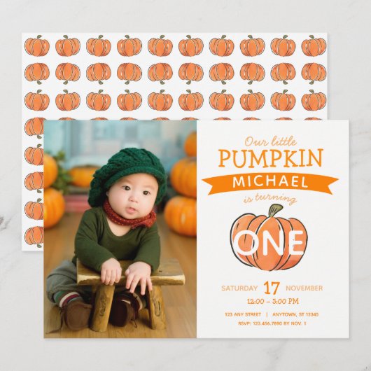 Invitation Notre petit Citrouille Automne Photo Anniversaire (Devant / Derrière)