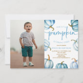 Invitation Notre Petit Citrouille Bleu Blanc Automne Fête d'A (Devant)