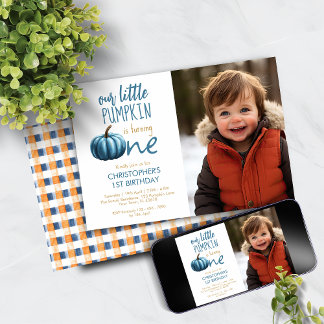 Invitation Notre Petit Citrouille Bleu Plaid 1er anniversaire