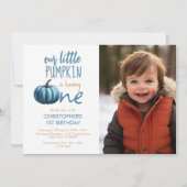 Invitation Notre Petit Citrouille Bleu Plaid 1er anniversaire (Devant)
