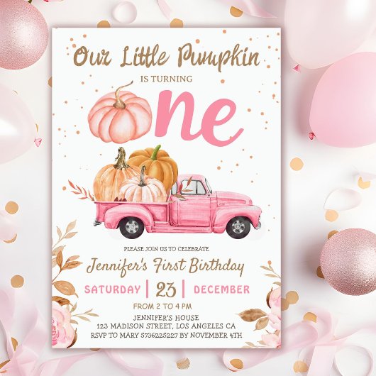 Invitation Notre petit Citrouille | Camion rose Fille 1er ann