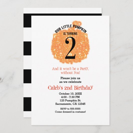 Invitation Notre Petit Citrouille DEUX 2e fête d'anniversaire (Devant / Derrière)