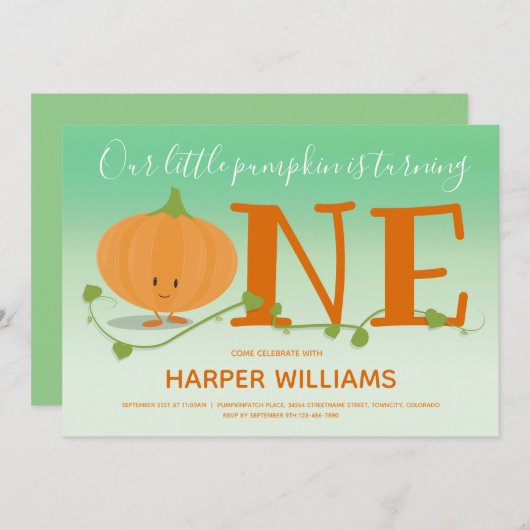 Invitation Notre petit Citrouille devient vert 1er anniversai (Devant / Derrière)
