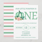 Invitation Notre petit Citrouille est ONE Mint/Pink Birday Pa (Devant / Derrière)