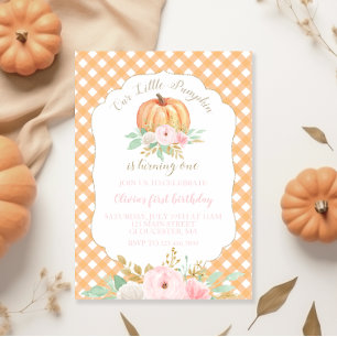 Invitation Notre petit citrouille floral orange à carreaux d'