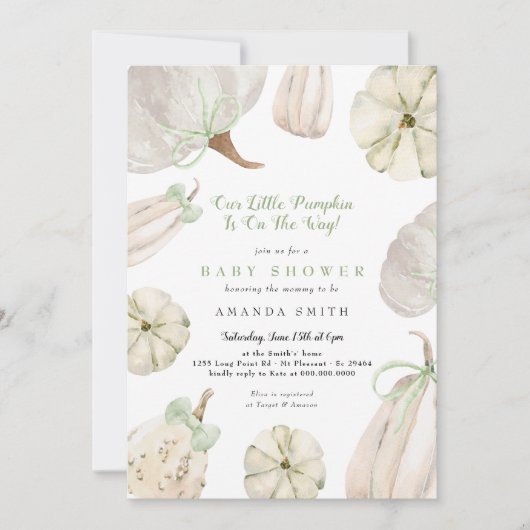 Invitation Notre petit Citrouille Green Bow Baby shower rusti (Devant)