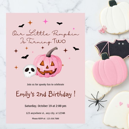 Invitation Notre petit Citrouille Halloween Anniversaire rose