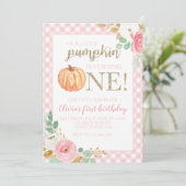 Invitation Notre Petit Citrouille or et fleuri premier annive (Debout devant)