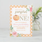 Invitation Notre Petit Citrouille or et fleuri premier annive (Debout devant)